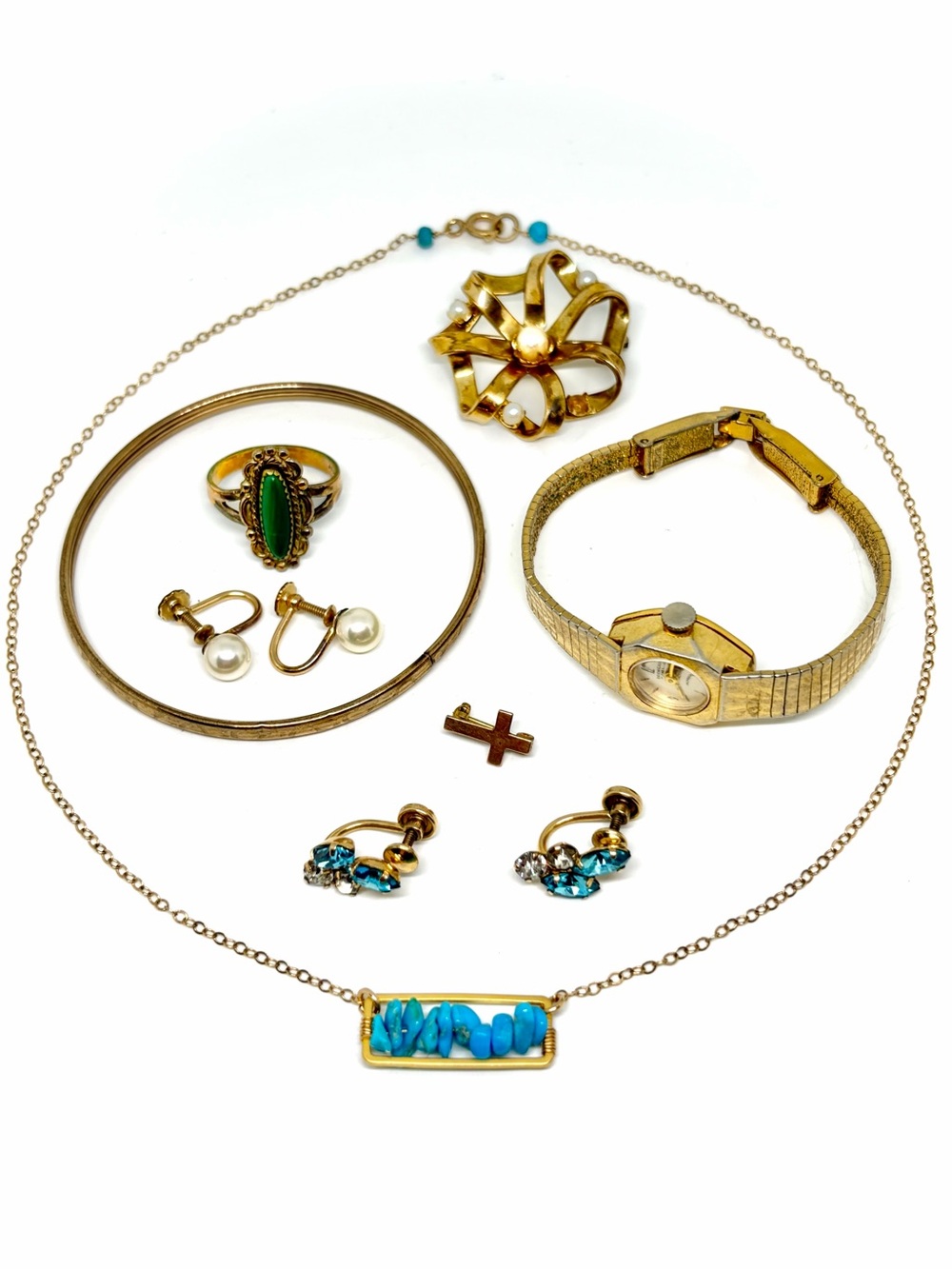 Antique Gold Fill Jewelry Watch Lot Ring Necklace Vintage Brooch Earring Bangle